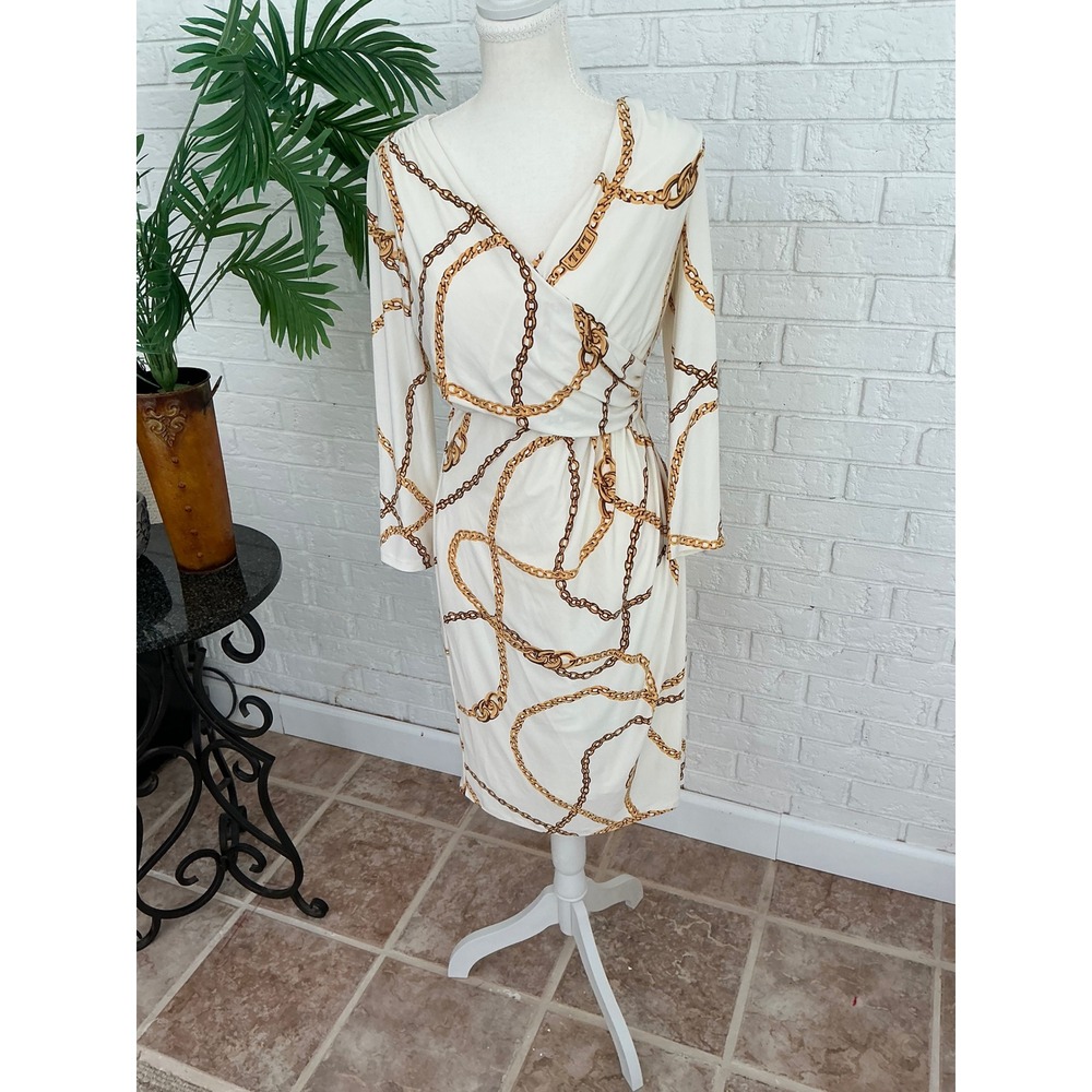 Lauren Ralph Lauren Dress Womens 10 Ivory Gold Chain Print Faux Wrap Excellent